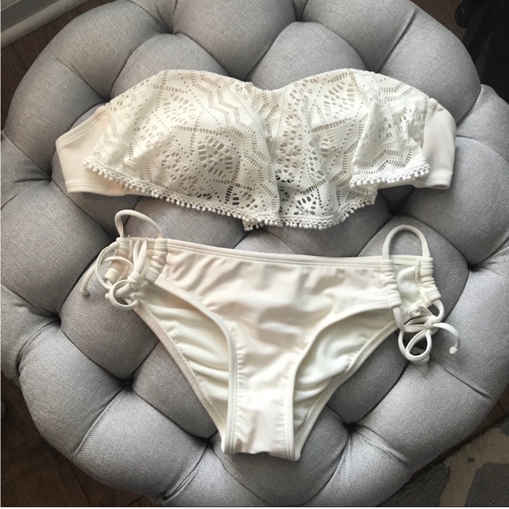Xhilaration Cream Bandeau Bikini with Lace and Side Ties Size Small